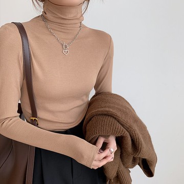 雙面德絨內搭打底衫女春秋冬螺紋堆堆領高領針織上衣長袖T恤修身