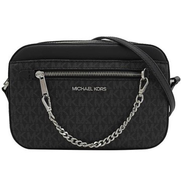 MICHAEL KORS JET SET ITEM 滿版MK拼接斜背方包.黑灰