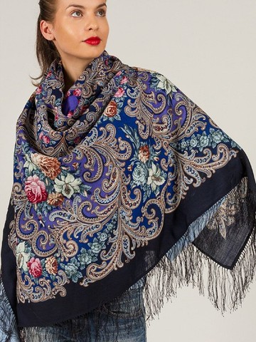 帕夫洛夫帕薩德俄羅斯披肩 100% 羊毛圍巾 125x125 公分 絲綢流蘇 1437-14