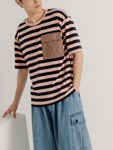 條紋工裝大口袋短袖上衣