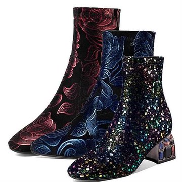 【JP Queen New York】寶石炫彩粗跟印花羊皮秋冬保暖短靴(6色可選)