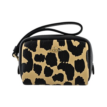 COACH黑色豹紋印花杏黃色荔枝紋金屬馬車LOGO手掛零錢包