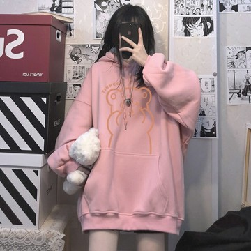 粉色軟妹衛衣女2021新款秋冬寬松慵懶風小熊加絨oversize外套上衣