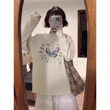 長袖T恤女  100%純棉  Chic早秋白灰色春秋新款  寬鬆內搭打底衫上衣潮  WH QMVZ