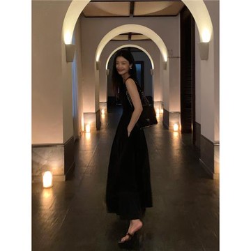 (免運)pusumede黑色背心連衣裙女2025夏季高級感氣質中長款顯瘦質感裙子