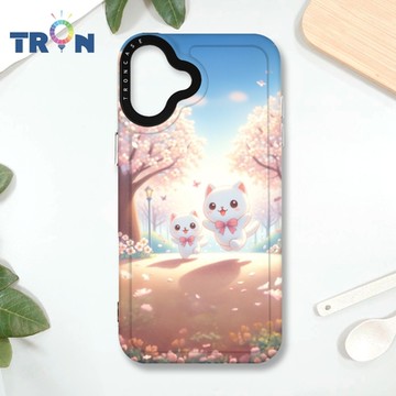 TRON IPHONE 16 PLUS 櫻花插畫風格白貓咪 MAGSAFE 磁吸 防摔 太空殼 透黑 手機殼