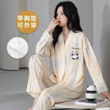帶胸墊睡衣女款春秋款2025新款韓版純棉可外穿韓范家居服套裝冬季
