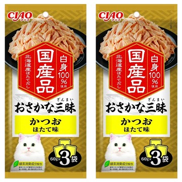 INABA CIAO 啾嚕 豪華魚三昧餐包 北海道干貝湯底 國產品 白身100% 貓零食  鰹魚 + 干貝  180g  2袋
