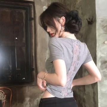實拍 後背鏤空蕾絲拼接短袖女 灰色短袖衫 修身顯瘦t恤女 夏天女裝 復古性感露背上衣 短版上衣女 韓版女裝