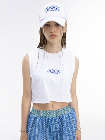 Flower Sleeveless Crop Top _ White