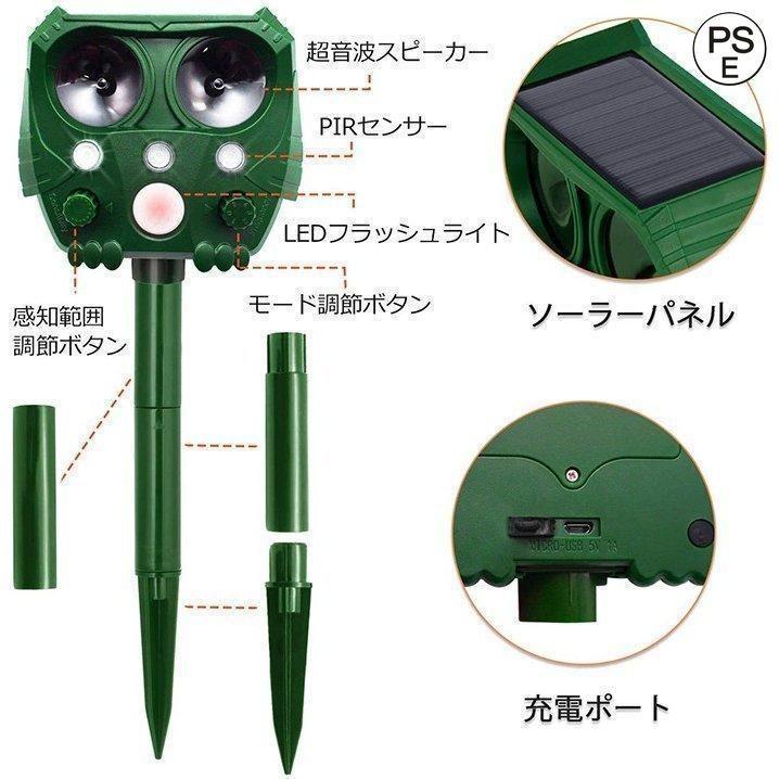 猫よけ 動物撃退器 害獣撃退器 超音波 ソーラー＆USB充電式 コウモリよけ対策 鳩よけ対策 スズメ撃退 猫撃退 猫退治 犬除け 糞被害 IPX4防水防塵 鳥 犬 狐 