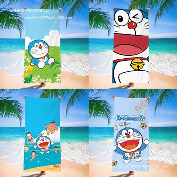 哆啦夢沙灘巾跨境兒童卡通可愛印花浴巾超細纖維機器貓游泳速干