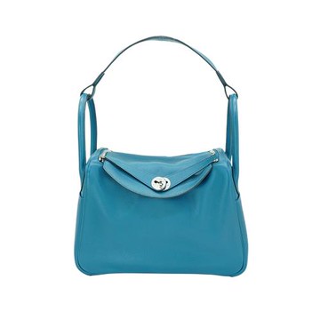 二手品 Hermes Lindy 30 銀釦手提/肩背兩用包(方框Q刻/海藍色)