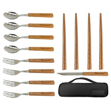 Forest Outdoor 群森戶外 櫸家4人餐具組13件組 含收納袋 湯匙4支 + 筷子4雙 + 叉子4支 + 餐刀1支 430g  銀色 + 木色 + 黑色  1組