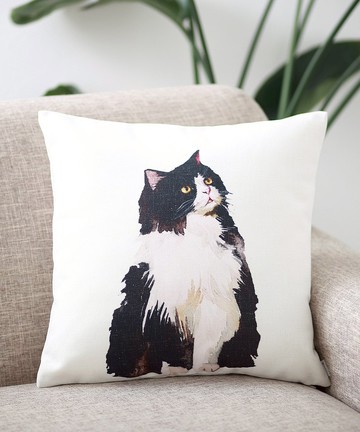 Jubilee 天然亞麻材質 抱枕套 柔軟觸感 黑白相間 西伯利亞貓款