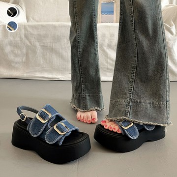 【韓國K.W.】Y7971現貨38碼韓國牛仔絶美厚底涼鞋(涼鞋/休閒鞋/涼拖鞋)