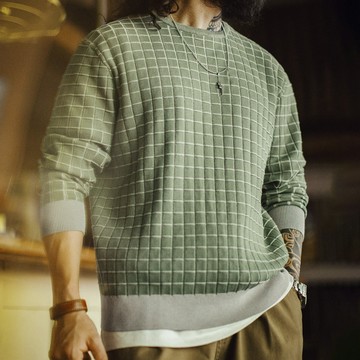 美式復古格子圓領大學T格紋綠色長袖T恤套頭短版外套男春
