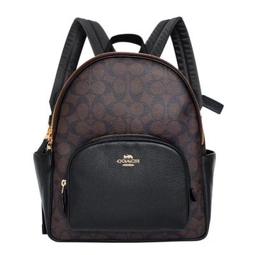 COACH深咖C Logo拉鍊雙層黑邊真皮多口袋後背包(福利品-拉鍊僅能單向開合)