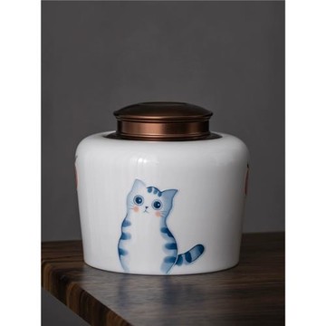 陶瓷手繪茶葉罐中號密封儲存防潮罐合金蓋小茶罐香粉盒紅綠茶通用