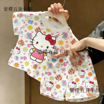【✨台灣現*貨/ 全場免運 ✨】 夏季新款卡通洋氣女孩兒童寶寶可愛滿印亂花短袖T恤褲子兩件套裝✨紫櫻百貨卡牌