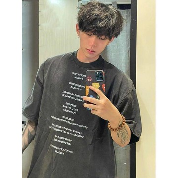 美式高街水洗字母印花小衆設計潮牌街頭圓領寬鬆純棉短袖T恤男女 韓系高街 落肩寬鬆 時髦感爆表男生穿搭  時尚潮流 百搭i