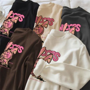 內搭德絨印花長袖t恤女秋冬加絨加厚保暖洋氣打底衫寬松圓領上衣