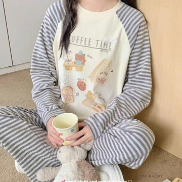 甜品小熊慵懶風長袖居家睡衣女秋冬季雙面德絨卡通可愛家居服套裝女生睡衣居家睡衣可愛睡衣長袖睡衣家居服