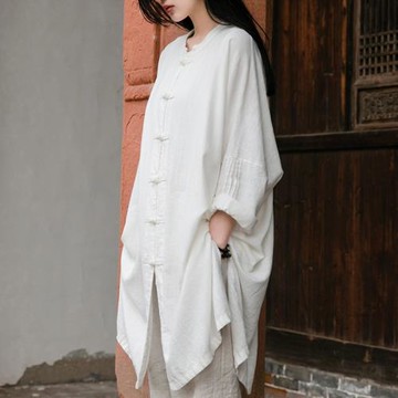 中式盤扣外套長款棉麻襯衫女夏禪意茶服中國風開衫春秋薄款上衣