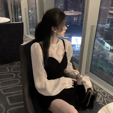 小香風網紅洋氣氣質顯瘦套裝女早秋新款襯衫吊帶裙減齡兩件套