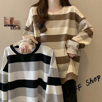 韓版復古條紋薄款寬鬆顯瘦長袖上衣【W533】