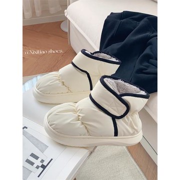 細細條 時尚創意魔術貼情侶棉鞋冬季加絨加厚外穿拼色雪地靴男女