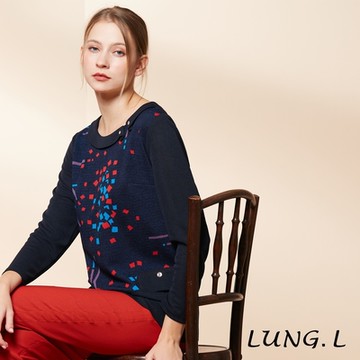 LUNG.L林佳樺 藍色前片拼接提花長版長袖女裝上衣LR29A