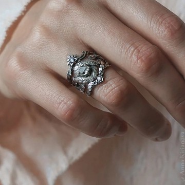 Dragon Ring Herkimer Quartz + Vine Ring Rose Quartz + Twig Ring Tanzanite