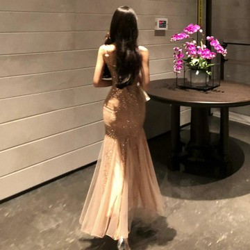 重工亮片拼接網紗魚尾裙海邊度假宴會禮服連衣裙