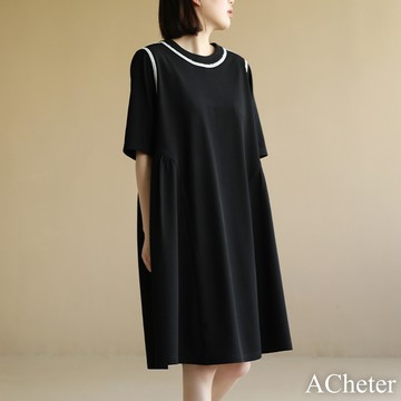 【ACheter】法式拼接織帶寬鬆氣質洋裝# 113002(現貨+預購)