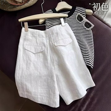 初色 棉麻風復古純色休閒A字寬褲西裝短褲-白色-11738(M-2XL可選)