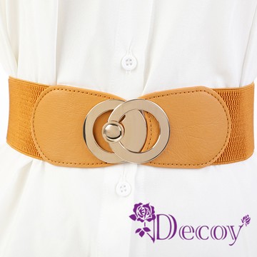 【Decoy】雙圈交扣 金框皮革彈性腰封/駝色