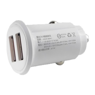 QC4.0雙USB車充 DC 12-24V輸入 5V/3A 9V/3A 12V/2.5A(QC4.0)輸出 30W功率  MCK-QR1  亮白色