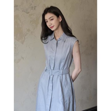 (免運)夏鹽Summersalt 2025夏季新款100%亞麻藍色簡約舒適無袖連衣裙