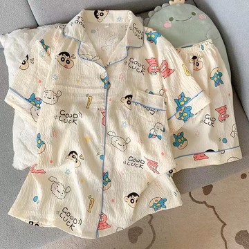 雲朵棉睡衣女夏季短袖薄款新款家居服可愛卡通可外穿兩件套裝甜美睡衣家居服兩件式睡衣大碼睡衣睡衣