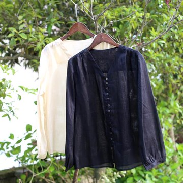 昔語自制純苧麻V領開襟九分泡泡袖輕盈顯瘦上衣小衫  C644