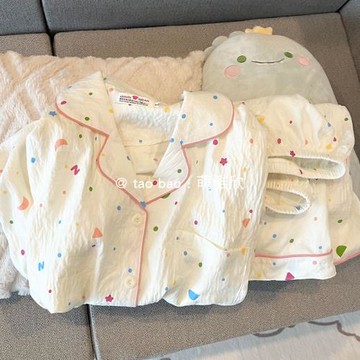 波點睡衣女款春秋夏季云朵棉短袖短褲套裝可愛開衫休閑出門家居服