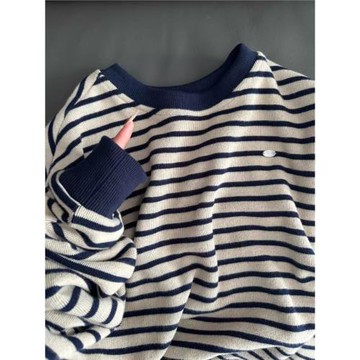 條紋圓領衛衣女秋春寬松慵懶風無帽外套2025新款爆款小眾針織上衣