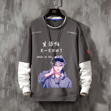 2023男士圓領春秋季衛衣男長袖秋冬裝加絨男裝假兩件t恤外套潮牌