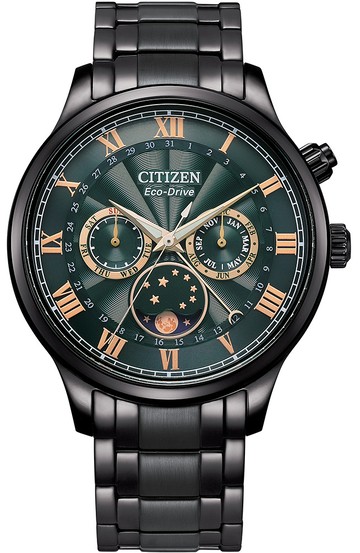 CITIZEN 星辰錶 Eco-Drive 極光月相時尚大錶面腕錶(AP1055-87X)-42mm-綠面鋼帶【刷卡回饋 分期0利率】【APP下單點數13倍送】