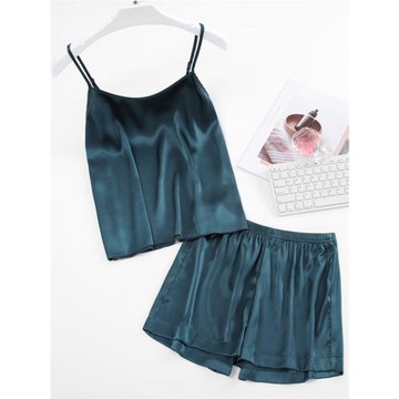 芝桃鳥夏季性感吊帶睡衣女可愛薄款冰絲短褲背心絲綢兩件套裝夏天