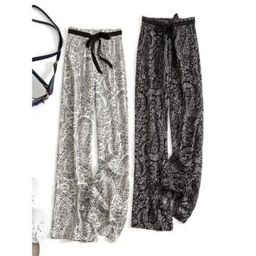 外貿韓國原單歐貨高腰垂感雪紡水墨闊腿褲女夏季涼涼褲冰絲長褲子