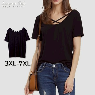 【隔日到貨】短袖T 大尺碼女裝 莫代爾手感短袖交叉T恤 圓領上衣 020214