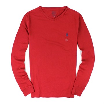 美國百分百【全新真品】Ralph Lauren T恤 RL 長袖 t-shirt v領 polo 小馬 酒紅 素面 純棉 男衣 s號