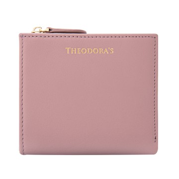 品牌真皮極薄 RFID 防盜對折拉鍊短皮夾-女款珊瑚粉